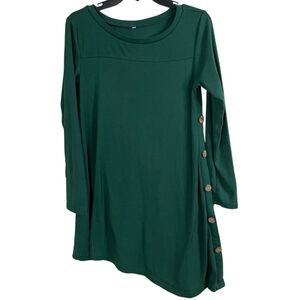 Dark green high low long sleeve dress with tan buttons on the side